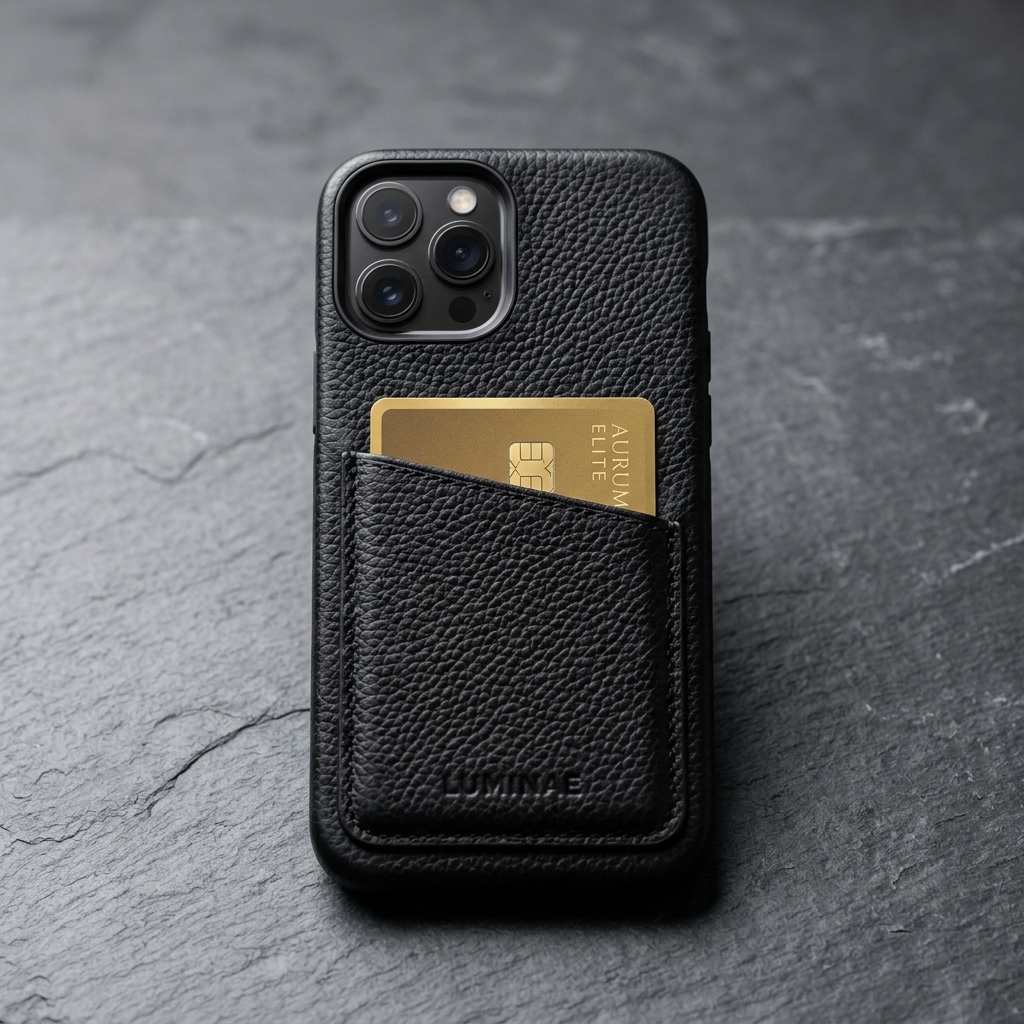 Funda Piel Negra Graneada con Bolsillo Tarjetero